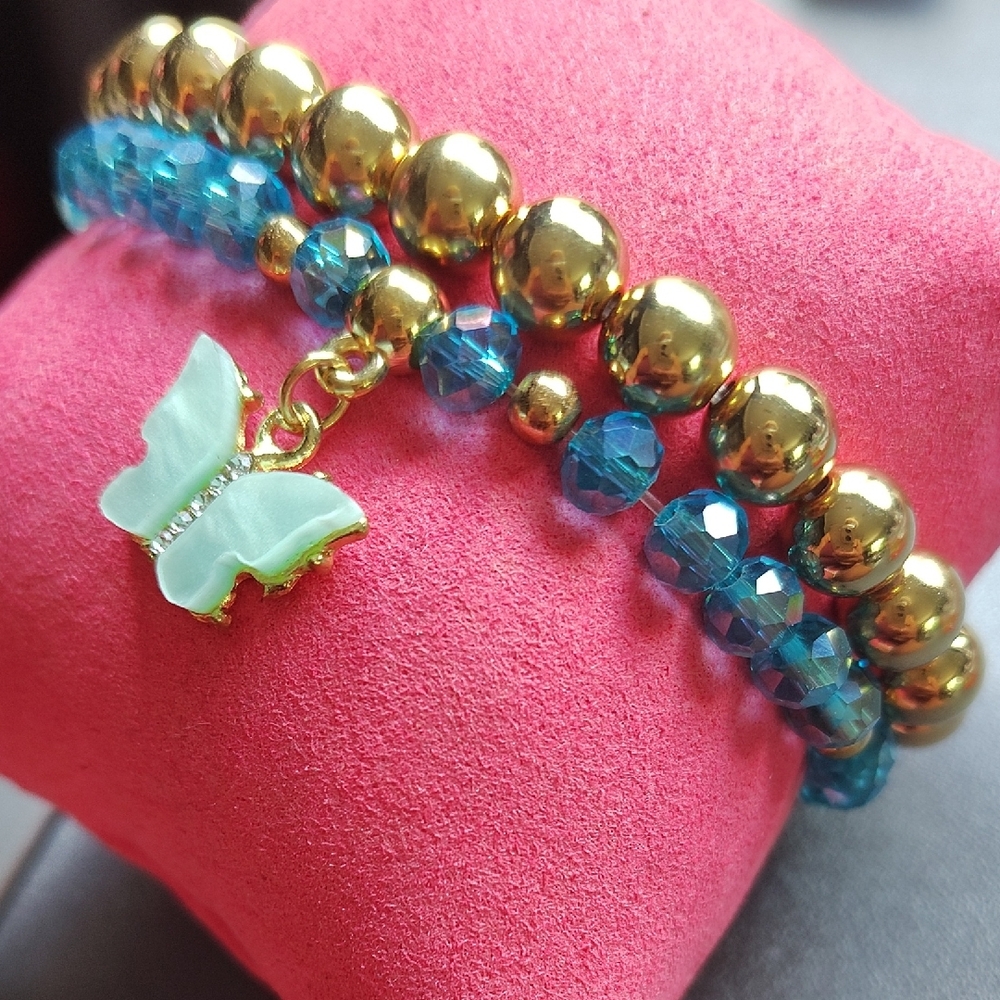 🆕2 Gold &Teal Blue Beaded Bracelets with Bling Butterfly Charm